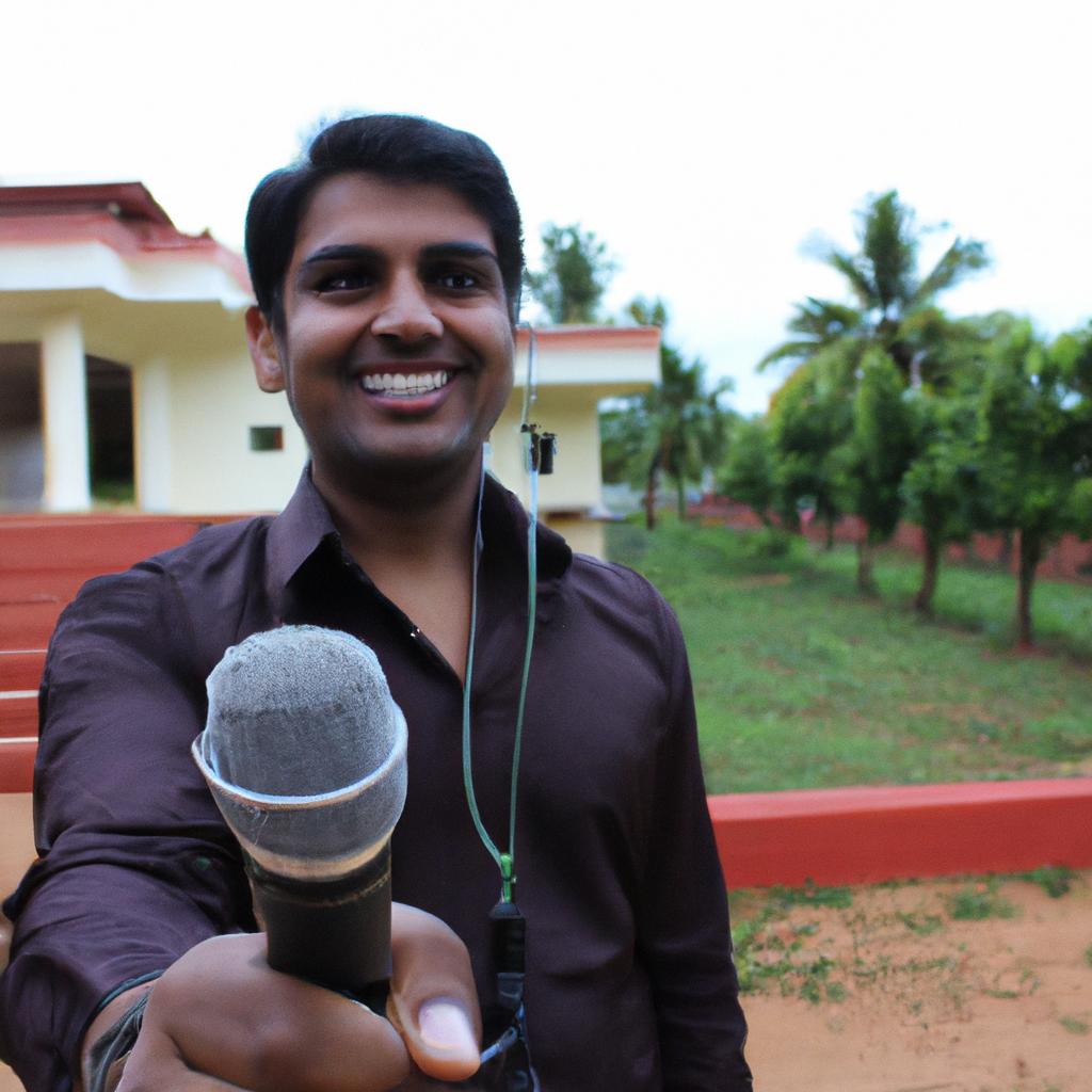 Person holding a microphone, smiling